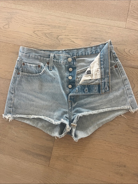 Levis Strauss Pants - Button-Fly Light Blue Denim High-Rise Jean Shorts